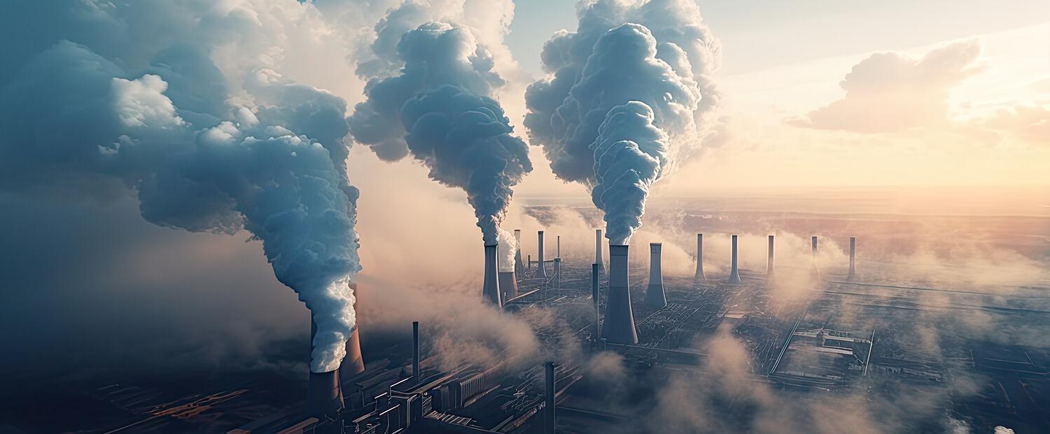 Skyline view of several industrial chimneys expelling white plumes of smoke